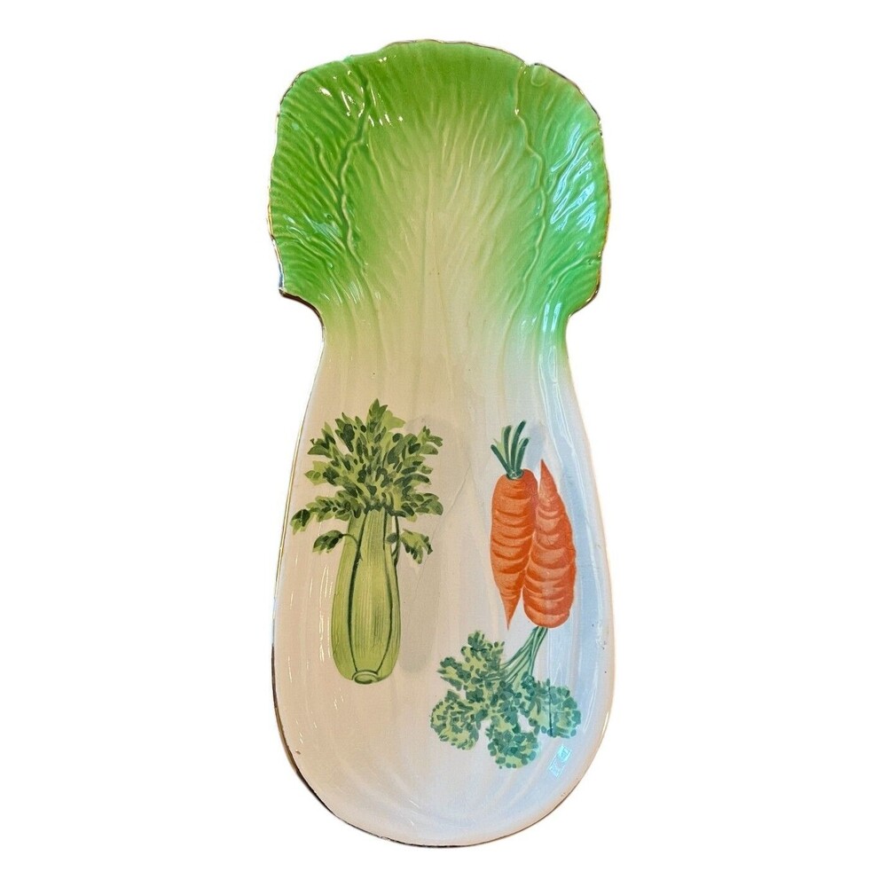 Unique Farmhouse Kitchen Style Vintage Celery Shaped Ceramic Spoon Rest / Tray